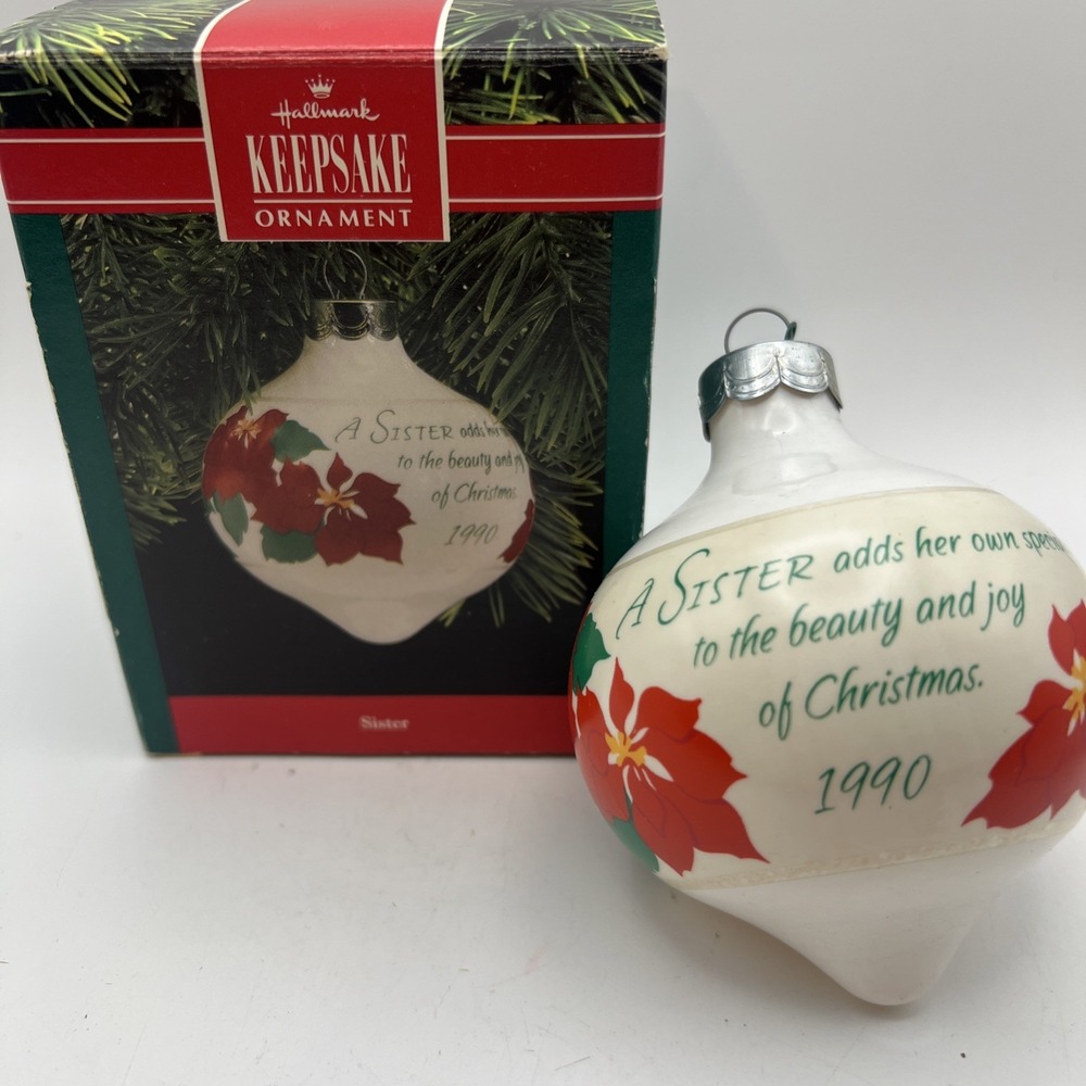Hallmark Keepsake Sister Glass Teardrop Poinsettia Dated 1990 Ornament Box